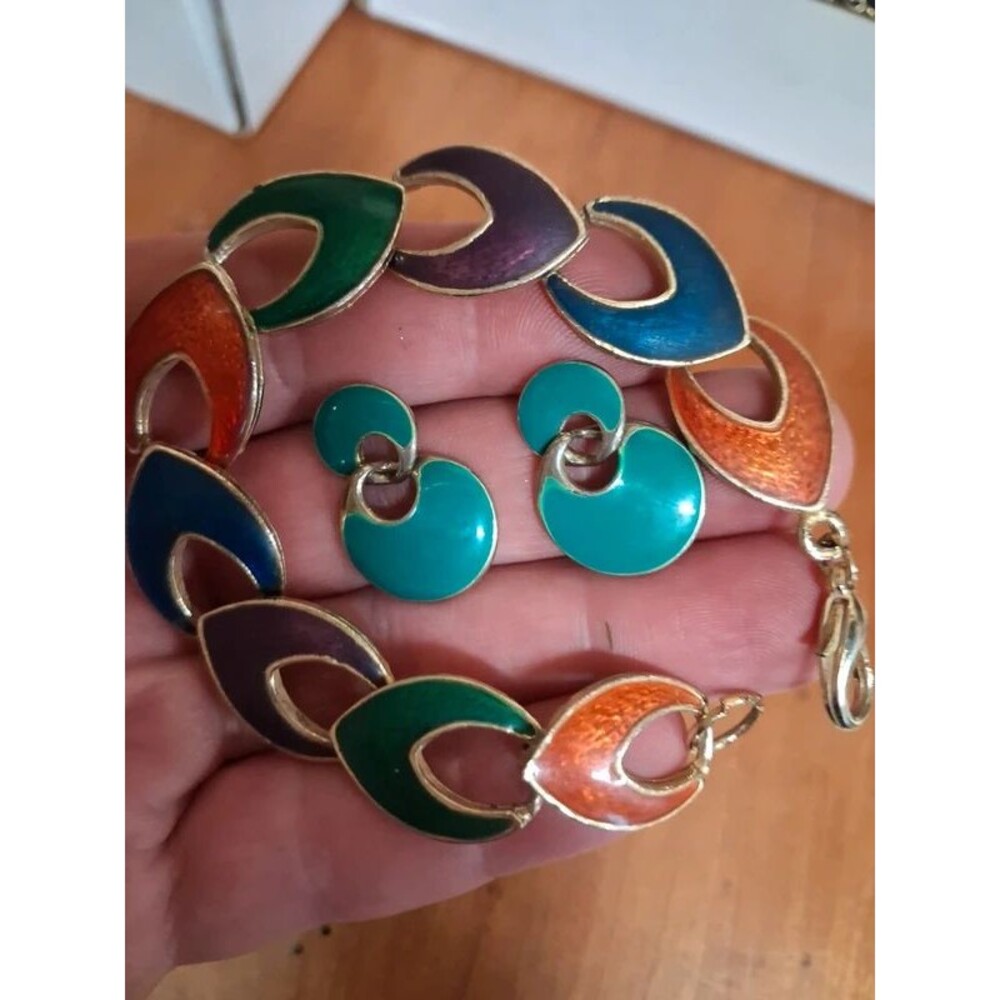 90s enamel multicolor bracelet with matching earrings set